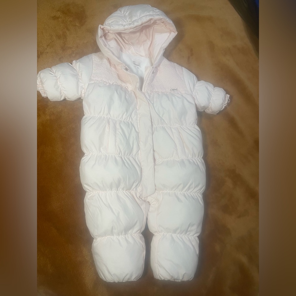 Chloe Baby Pink puffer Hooded Snowsuit size12m